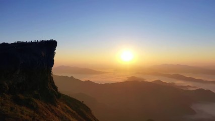 Aerial view of sunrise and morning fog at Phu chi fa in Chiang rai, Thailand.