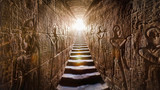 Temple of Edfu, Egypt. Passage flanked by two glowing walls full of Egyptian hieroglyphs, illuminated by a warm orange backlight from a door at the end of the stairs.