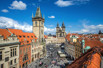 Prague, Czech Republic. Aerial view over Church of Our Lady before Tyn at Old Town square (Starometska) in Praha.