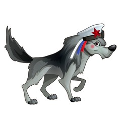 Gray forest wolf in a sailor hat with a ribbon in the style of the Russian flag of the tricolour isolated on white background. Vector cartoon close-up illustration.