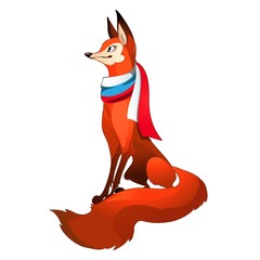 Red fox forest with fluffy tail with scarf in the style of the Russian flag of the tricolour isolated on white background. Vector cartoon close-up illustration.