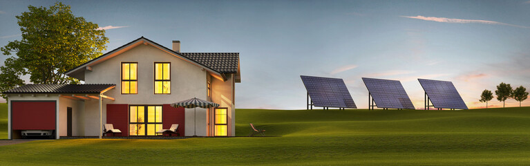 Evening view of a modern house with solar panels