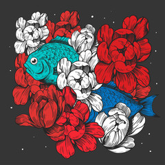 Fish with flowers. Vector illustration Great for t-shirt, print.