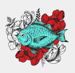 Fish with flowers. Vector illustration Great for t-shirt, print.