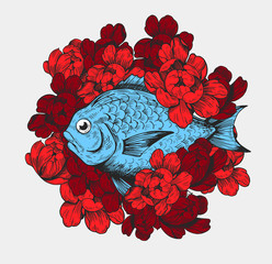Fish with flowers. Vector illustration Great for t-shirt, print.