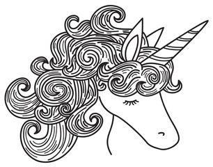 Vector  unicorn cartoon, black silhouette for coloring.