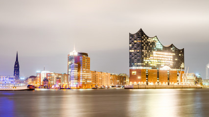 Elbphilharmonie and Hamburg harbor at night