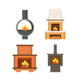 Fireplace with logs and fire flames isolated icons set vector. Contemporary home interior, stove made of metal and bricks, with chimney ventilation