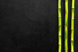 Asian background. Green bamboo branches on black background top view space for text