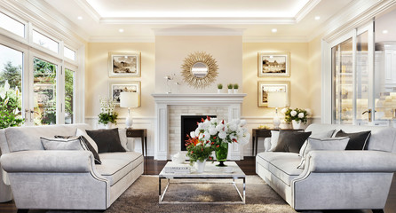 Living room with fireplace in luxury home