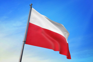 Poland flag waving on the blue sky 3D illustration