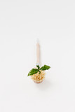 Bamboo dish washing brush with sprout green leaf on white textured background