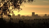 The Hollywood skyline during a vivid golden sunset