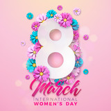 8 March. Happy Womens Day Floral Greeting card. International Holiday Illustration with Flower Design on Pink Background. Vector Spring Celebration Template.