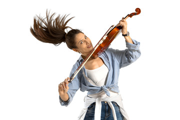 Woman playing violin on white background