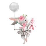 Cute ballerina, ballet girl baby bunny with flowers, floral wreath in a ballet dress with balloon and shoes