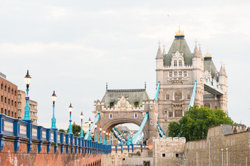 Close up of London Tower bridge from the street. Road leading to London Tower bridge.