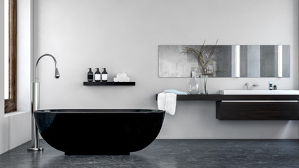 interior of modern bathroom with black bathtub