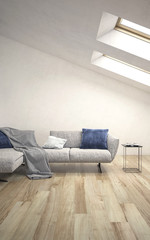 White living room interior with roof slope
