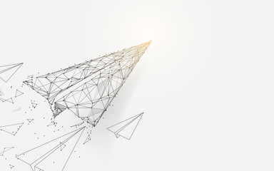 Paper airplanes flying from lines, triangles and particle style design. Illustration vector