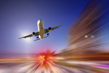 Big airplane in sky on blurred background