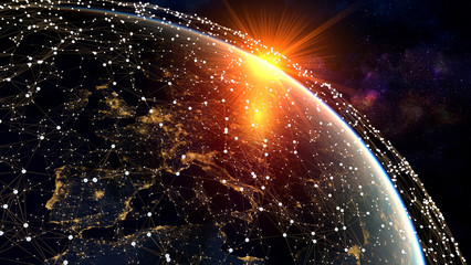 Network and data exchange over planet earth in space .3D rendering .Elements of this image furnished by NASA.