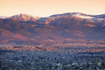 City and acropolis from Lycabettus hill in Athens at sunrise, Greece