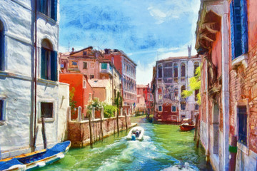 Colorful facades of medieval houses in Venice, oil painting