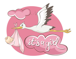 It's a girl -- card. Vector illustration, Stork bears baby.	
