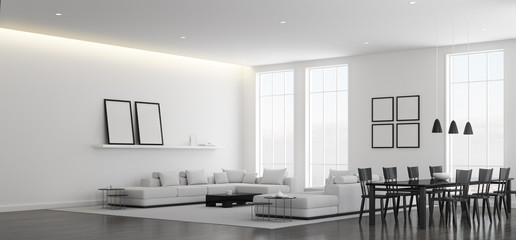 View of white living room in minimal style with black and white furniture on dark laminate floor.Interior design with TV and sofa set on city background. 3d rendering.	