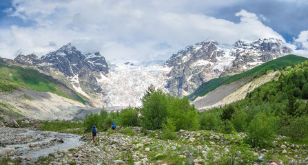 Scenic Caucasus mountains in Svaneti, Georgia. Mountain landscape Tetnuldi and glacier Lardaad summit near Adishi