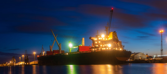 bulk cargo ships in the harbor at night