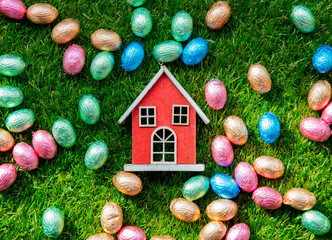 color Chocolate Easter eggs and toy house