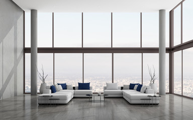 View of white double space living room in minimal style with twin sofa and furniture on laminate floor .Interior design with high glass panel on city background. 3d rendering.	