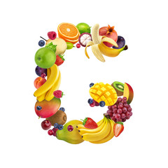 Letter G made of different fruits and berries, fruit alphabet isolated on white background