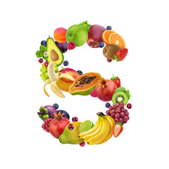 Letter S made of different fruits and berries, fruit font isolated on white background, healthy alphabet