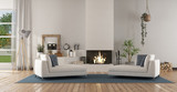 White modern living room with fireplace