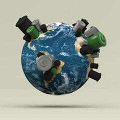 Planète Terre 3D avec poubelles posées sur les continents
