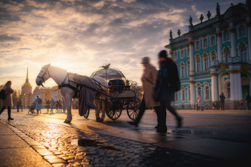 Horse coach at Palace Square near Hermitage museum. Saint Petersburg, Russia in the sunset