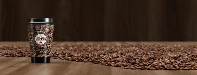 Panorama mit Kaffee Becher To Go und Bohnen