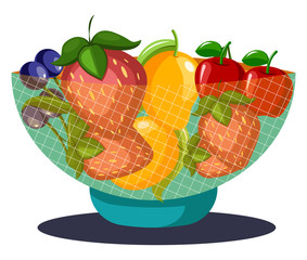 Fruits bowl vector color illustration.