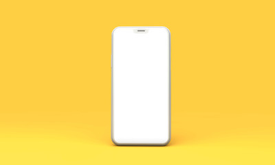 Smartphone mockup with blank white screen on a yellow background. 3D Render