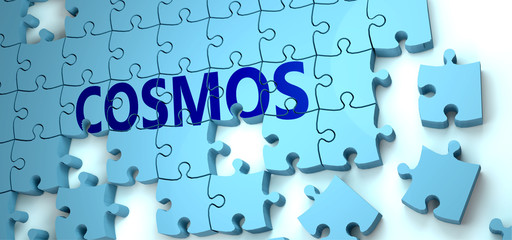Cosmos puzzle - complexity, difficulty, problems and challenges of a complicated concept idea pictured as a jigsaw puzzle tiles with a English word, 3d illustration