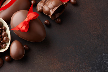 Easter composition with chocolate eggs and bunny