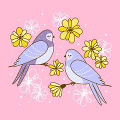 Spring greeting card with cute swallows with flowers