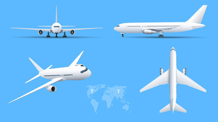 Airplanes on blue background. Industrial blueprint of airplane. Airliner in top, side, front view. Flat style vector illustration.