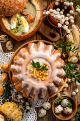 Easter yeast cake with icing and candied orange peel, top view.  Delicious Easter dessert, traditional Easter pastries in Poland
