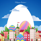 Happy Easter greetings illustration with eggs and city.