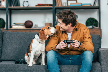 Smiling young man with gamepad sitting on sofa and looking at dog