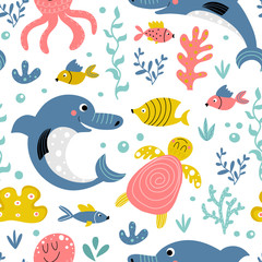 Seamless background with dolphin and fish